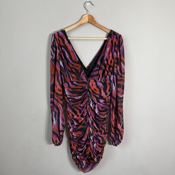 ASOS Zebra Print Plunge Long Sleeve Mini Dress Women's 10 Going Out Party Ruched - Picture 3 of 13